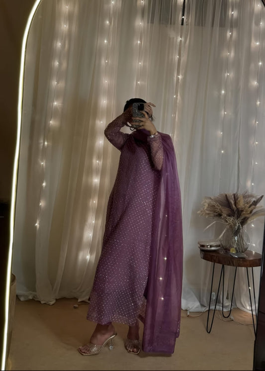 Diamond Stone Stitch Chiffon Suit