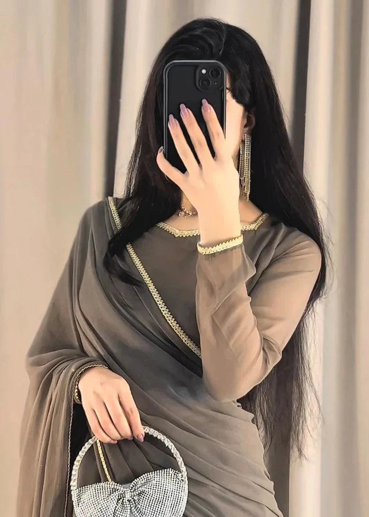 The Smoke & Silver Lace Bordered Chiffon Saree (Ready to Wear)