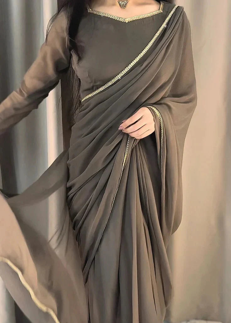 The Smoke & Silver Lace Bordered Chiffon Saree (Ready to Wear)