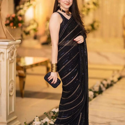Luxury Stitched Black Chiffon Saree