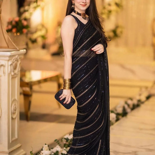 Luxury Stitched Black Chiffon Saree