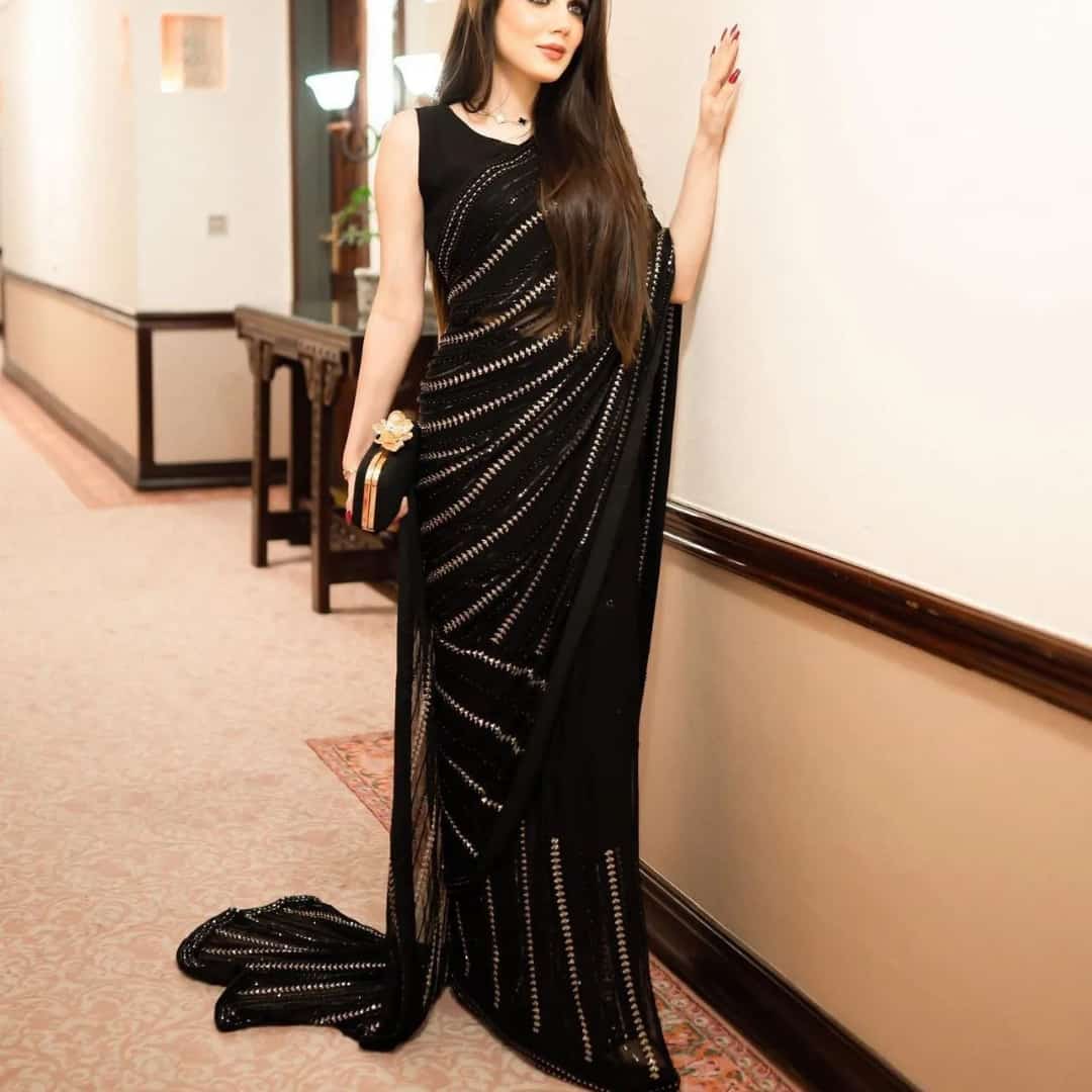 Luxury Stitched Black Chiffon Saree