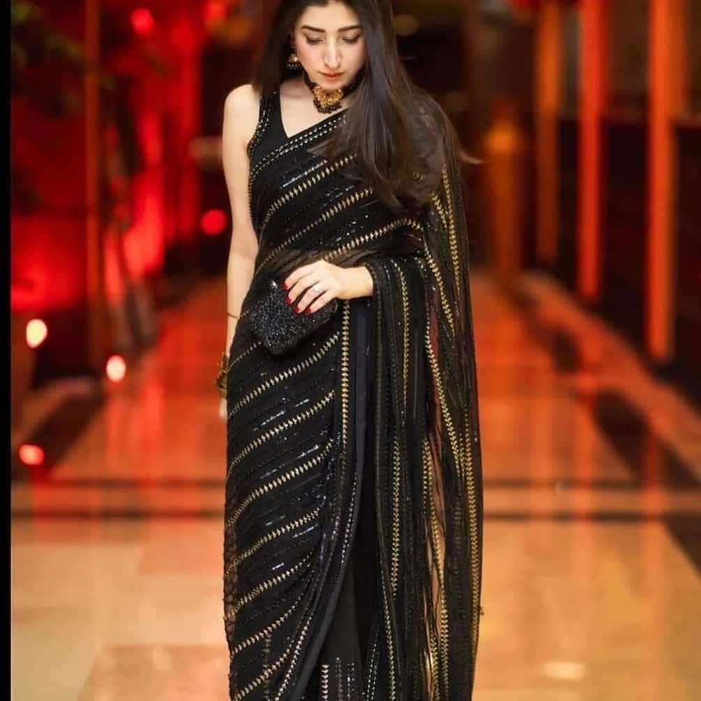 Luxury Stitched Black Chiffon Saree