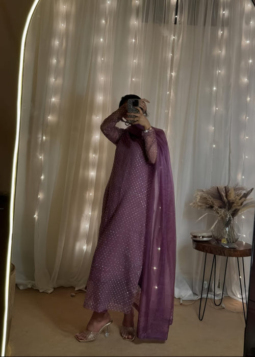 Diamond Stone Stitch Chiffon Suit