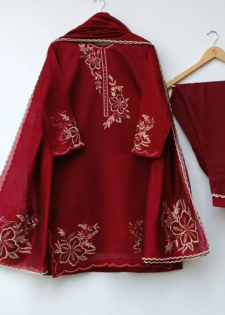 Elegance Touch 3 Piece Embroidered Organza Suit Premium Stitched Formal Wear