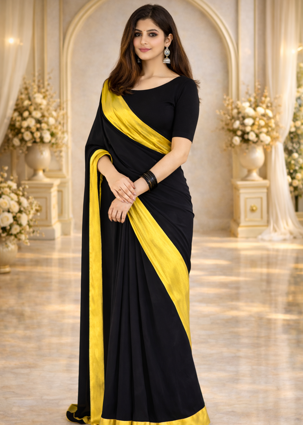 Midnight Gold Contrast Saree Elegant Two Tone Draping
