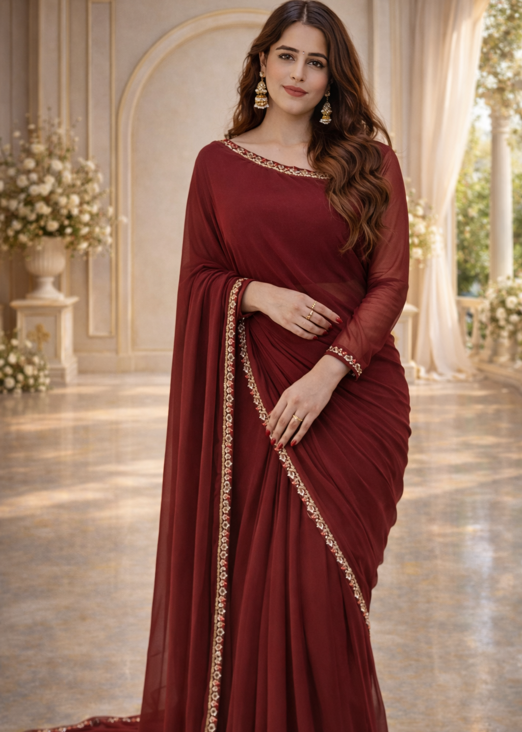 Crimson Grace Embroidered Chiffon Saree