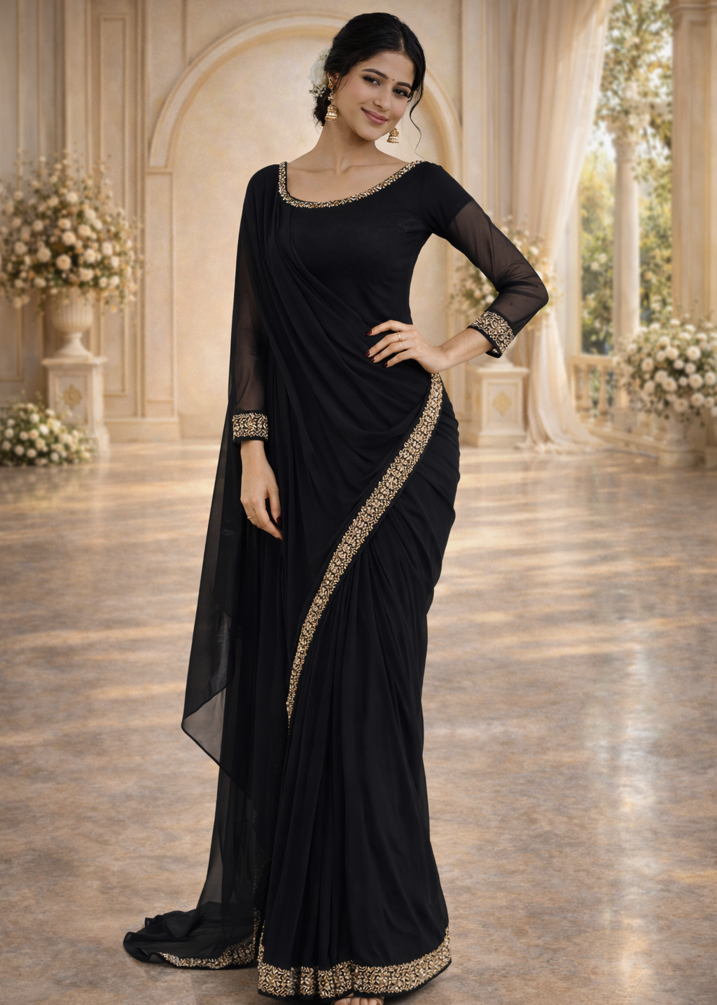 Black Chiffon Saree with Intricate Hand Embroidered Sleeves | Traditional Apparels
