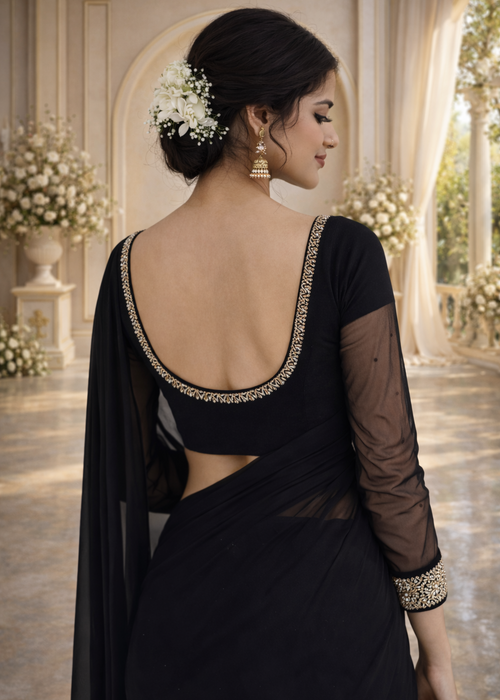 Black Chiffon Saree with Intricate Hand Embroidered Sleeves | Traditional Apparels