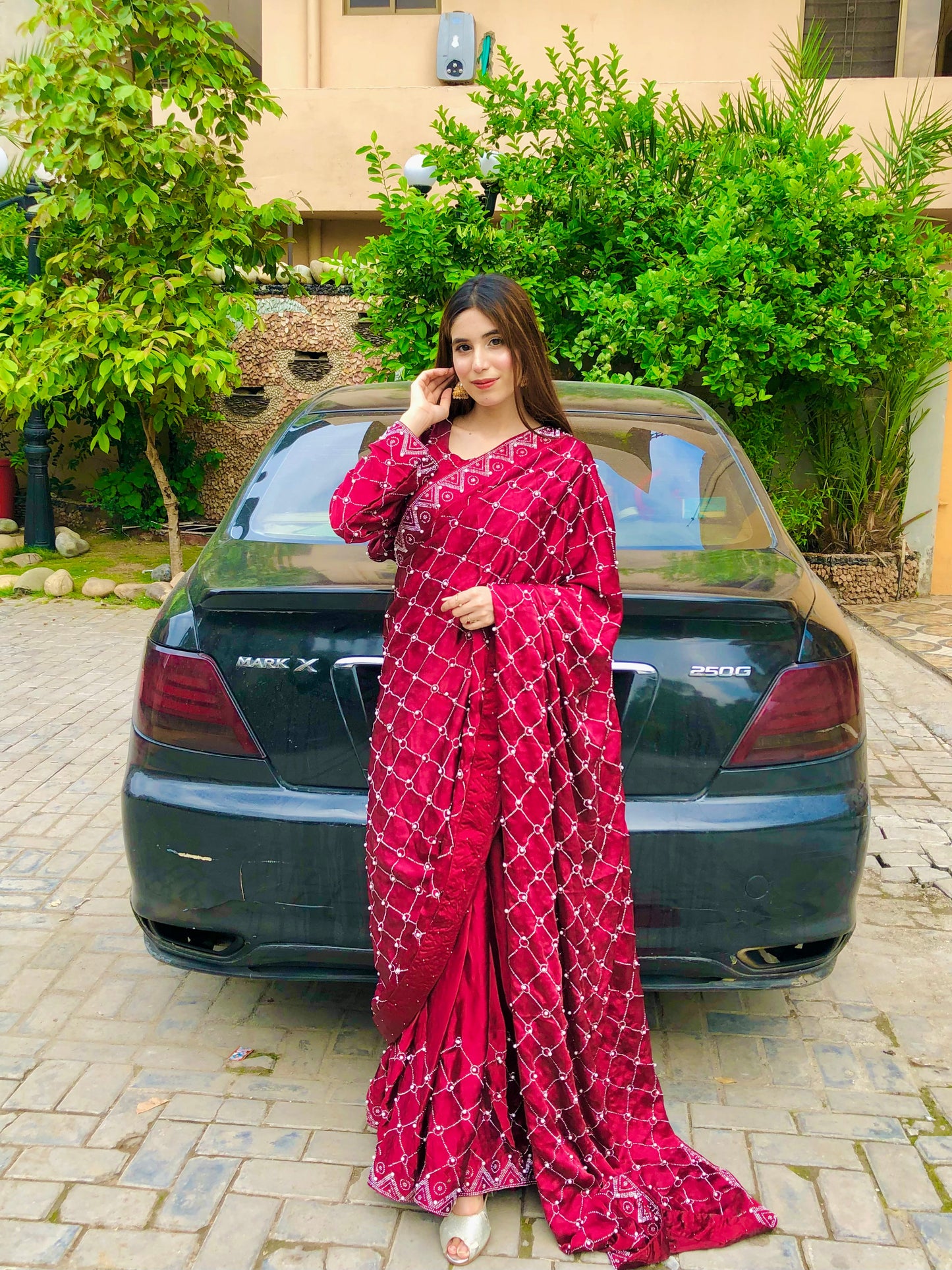 Stitched Shamoz Silk Saree with Pearl & Stone Work
