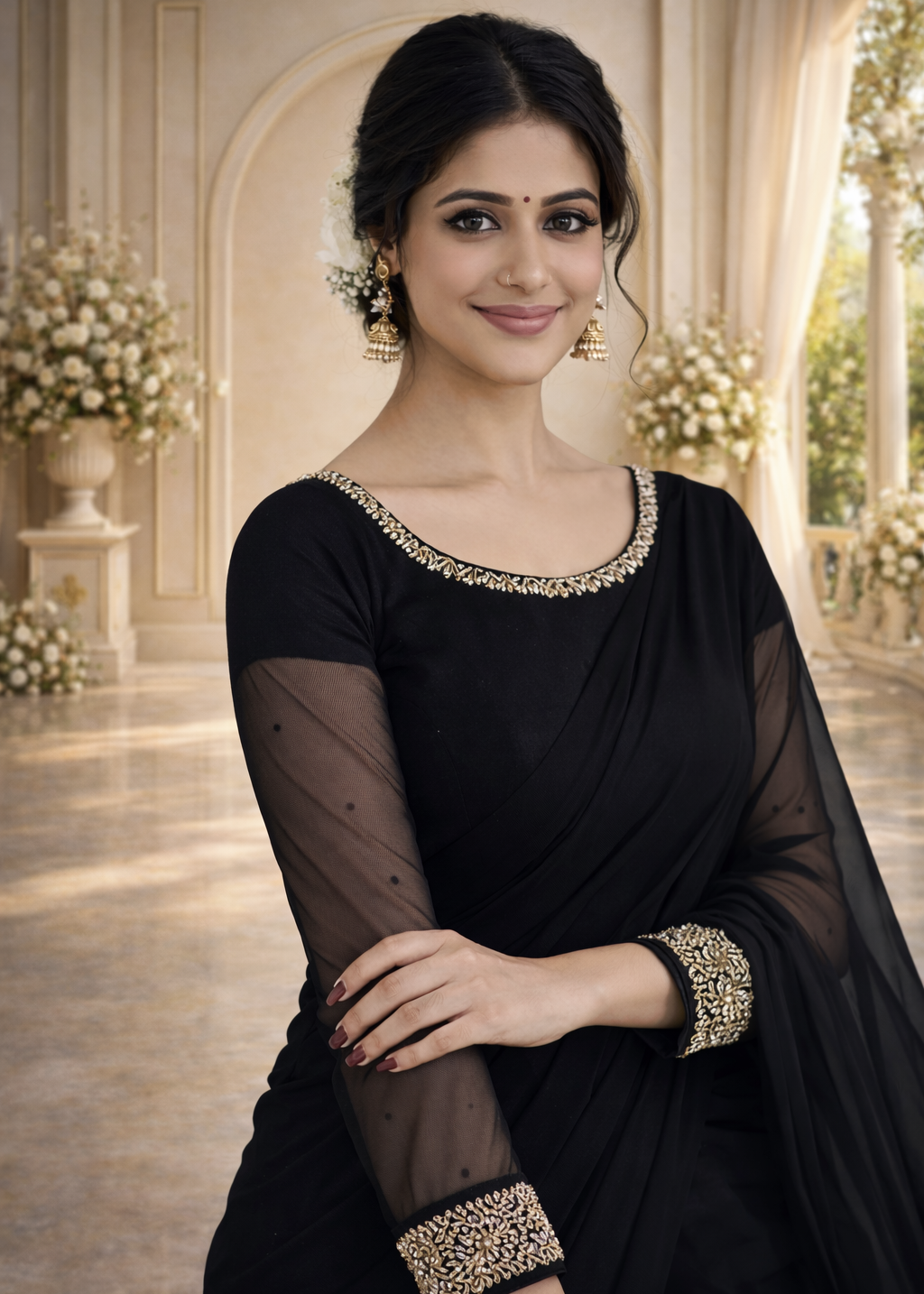 Black Chiffon Saree with Intricate Hand Embroidered Sleeves | Traditional Apparels