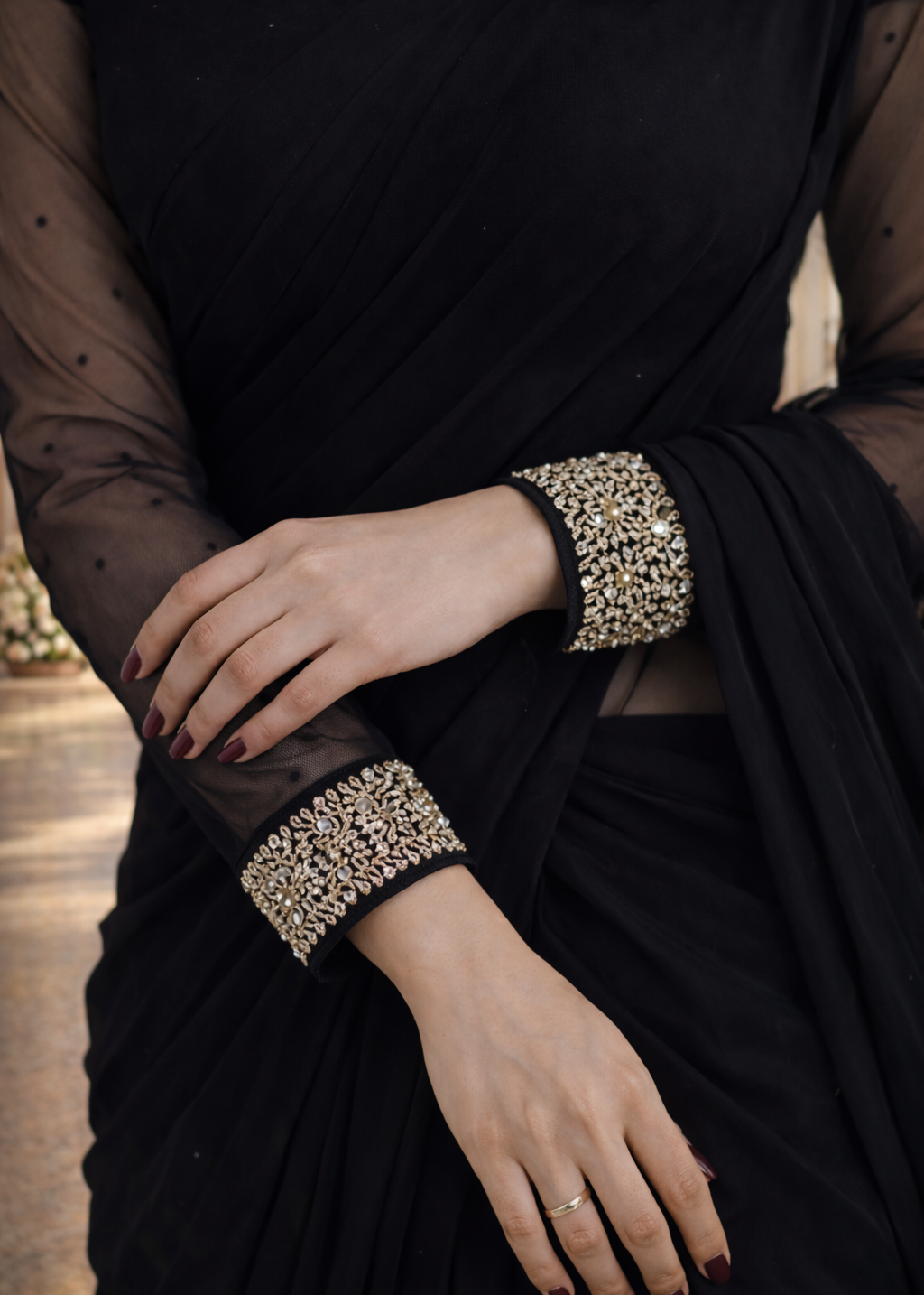 Black Chiffon Saree with Intricate Hand Embroidered Sleeves | Traditional Apparels