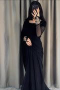 Imperial Motif Black Chiffon Saree | Embroidered Sleeve Bunches | Traditional Apparels