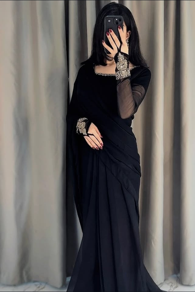 Imperial Motif Black Chiffon Saree | Embroidered Sleeve Bunches | Traditional Apparels