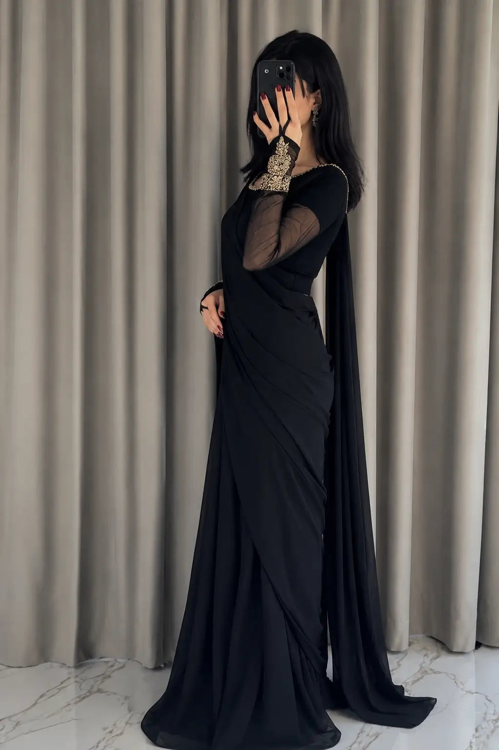 Imperial Motif Black Chiffon Saree | Embroidered Sleeve Bunches | Traditional Apparels