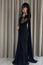 Imperial Motif Black Chiffon Saree | Embroidered Sleeve Bunches | Traditional Apparels