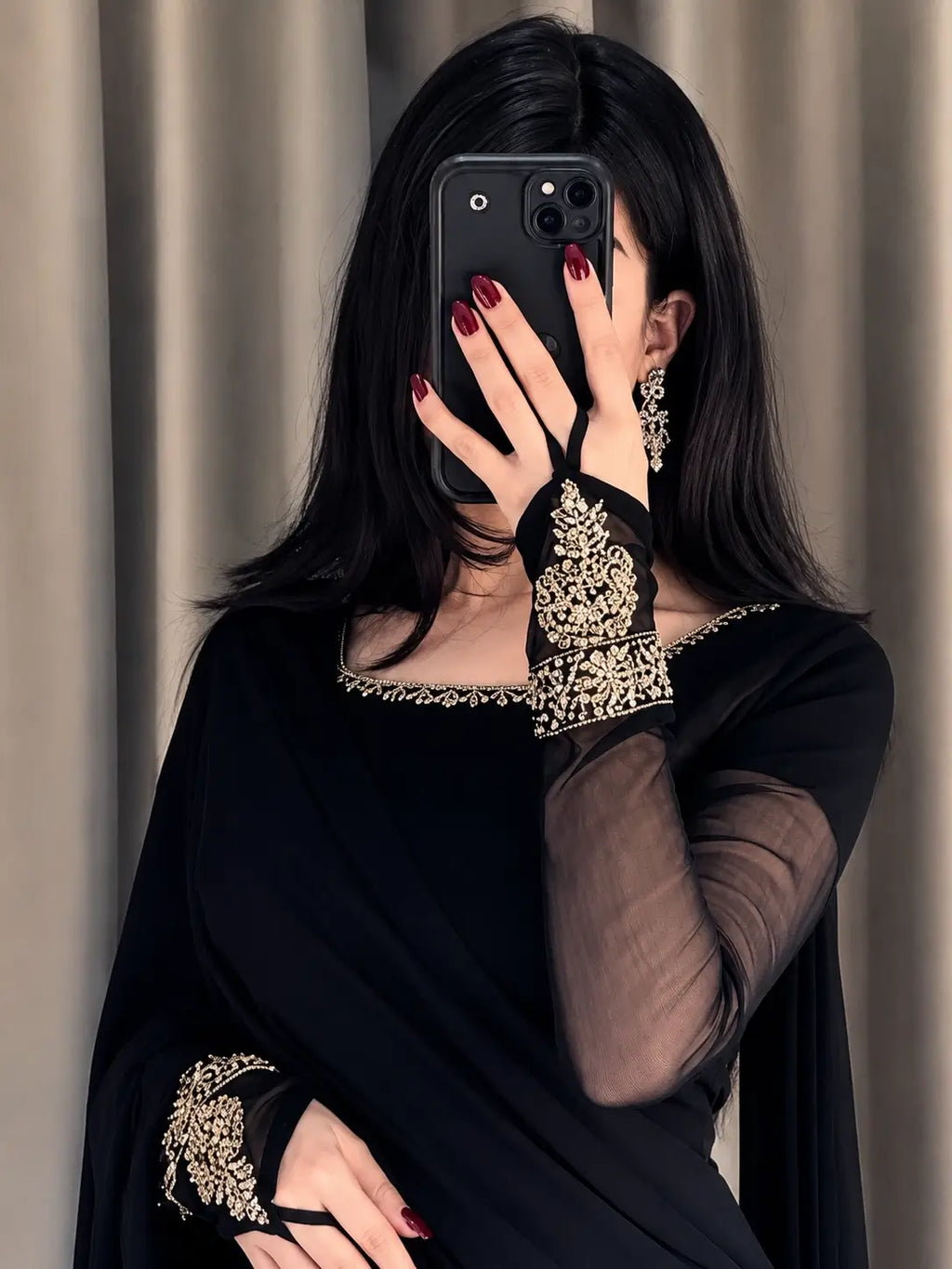 Imperial Motif Black Chiffon Saree | Embroidered Sleeve Bunches | Traditional Apparels