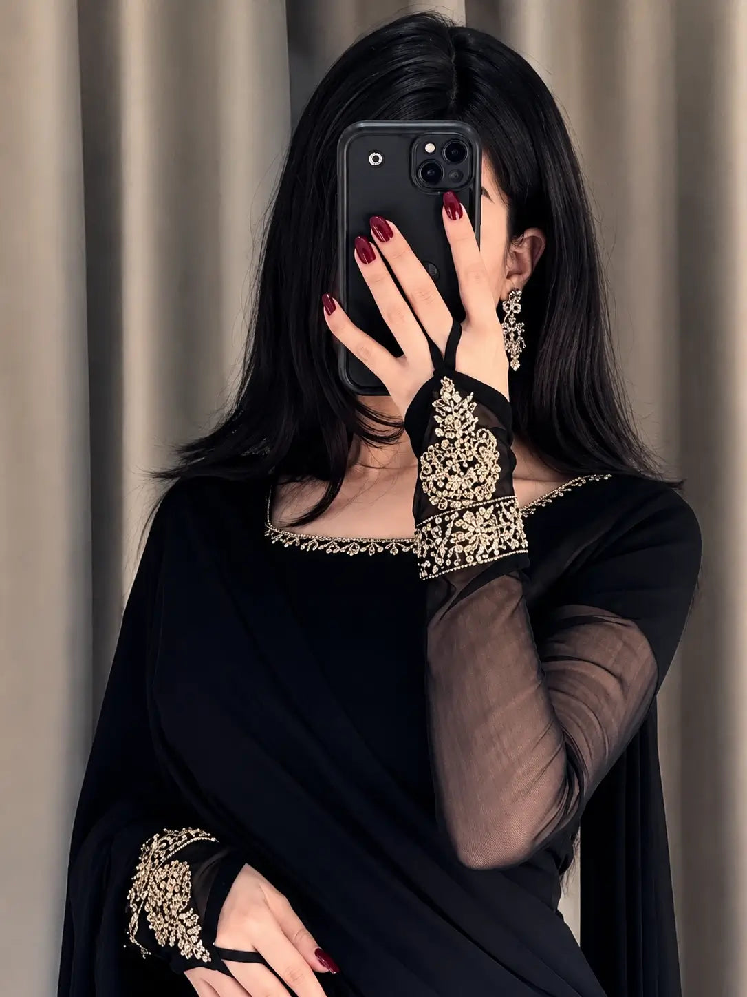 Imperial Motif Black Chiffon Saree | Embroidered Sleeve Bunches | Traditional Apparels